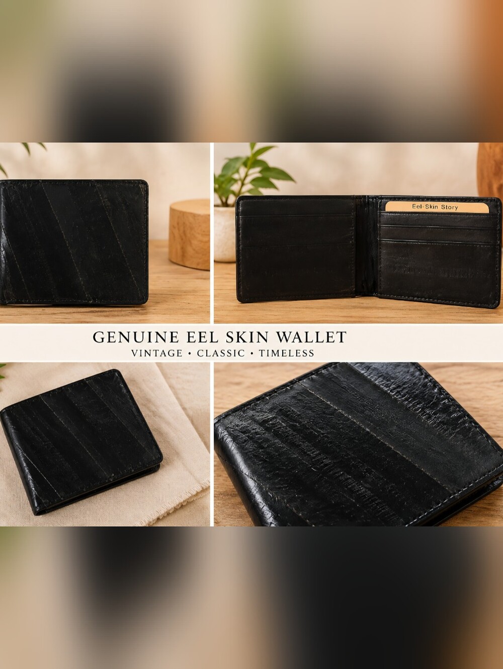 Genuine Eel Skin Bifold Wallet - Black